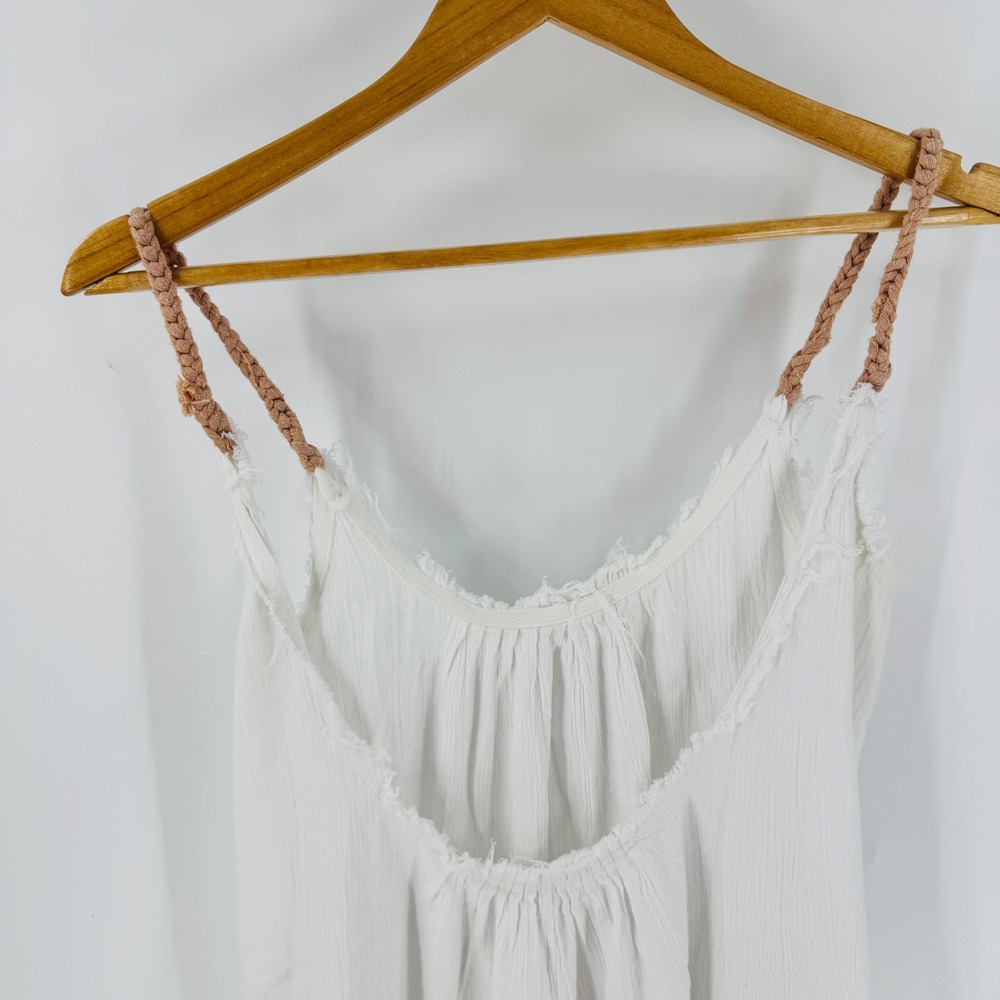 Barine White Gauze Cotton Pink Rope Strap Midi Dress Size L Beachy Boho Natural - Picture 5 of 8